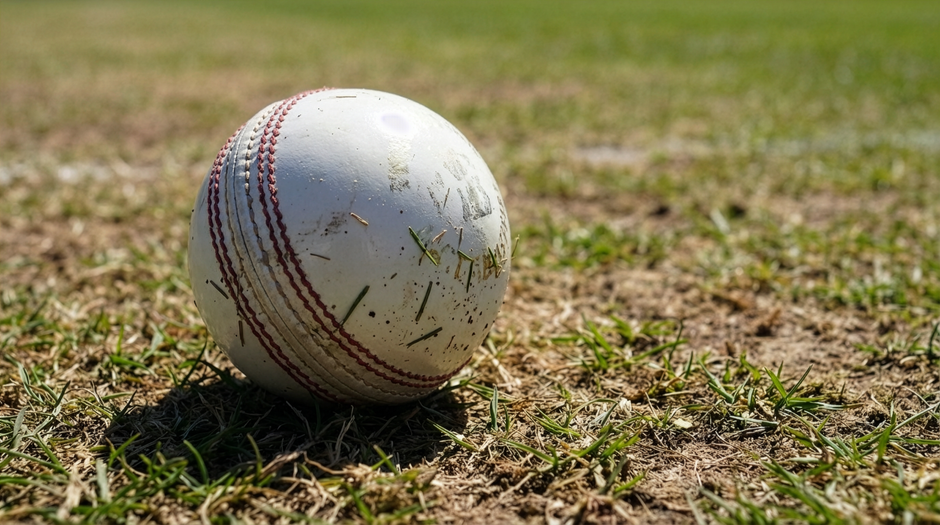 A close-up of a worn red leather cricket ball with visible scuffs, cracks, and dirt marks, resting on a textured grey surface outdoors. The ball features white stitched seams running around its circum